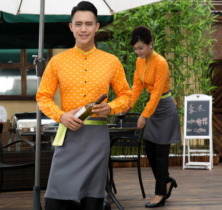 快餐店工作服長袖餐飲網(wǎng)咖制服西餐廳酒店服務員秋冬裝加圍裙